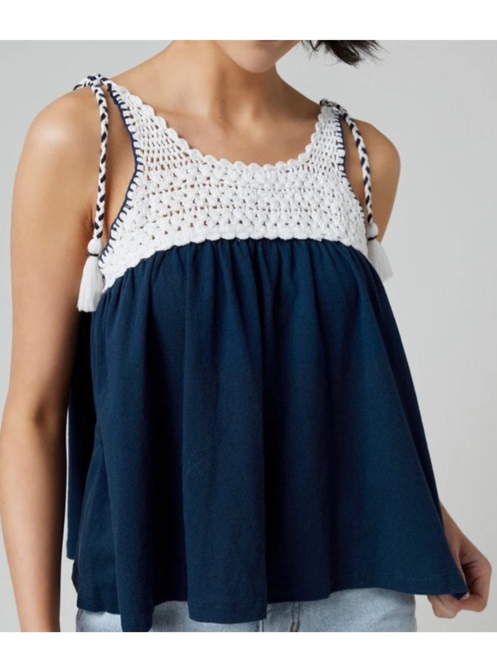 DownEast Navy and White Crochet Yoke Tank Top